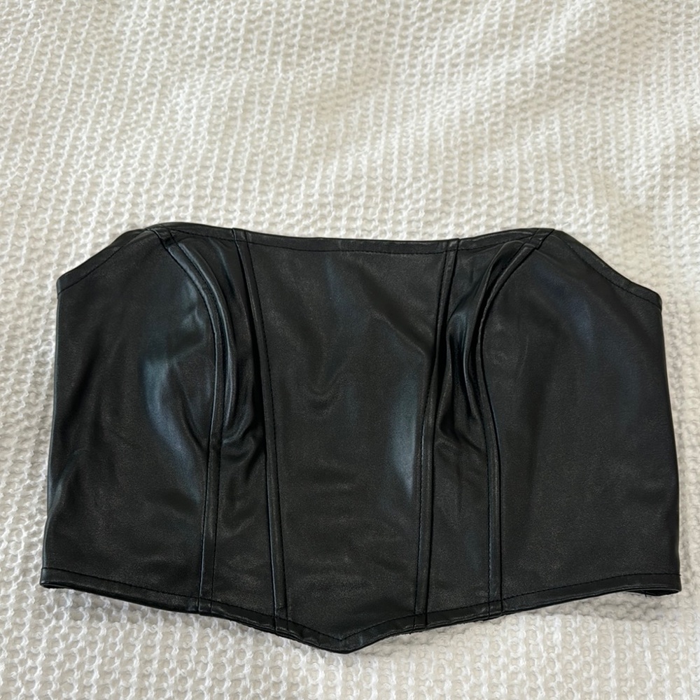 Two Corset Tops- Black Faux Leather & and Jean one